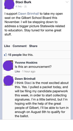 Screenshot of Staci Burk endorsing Dawn Brimhall's candidacy in Facebook